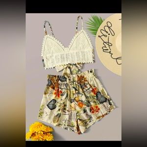 SHEIN VCAY Tie Back Crochet Bralette Top and Paperbag Waist Shorts Set
